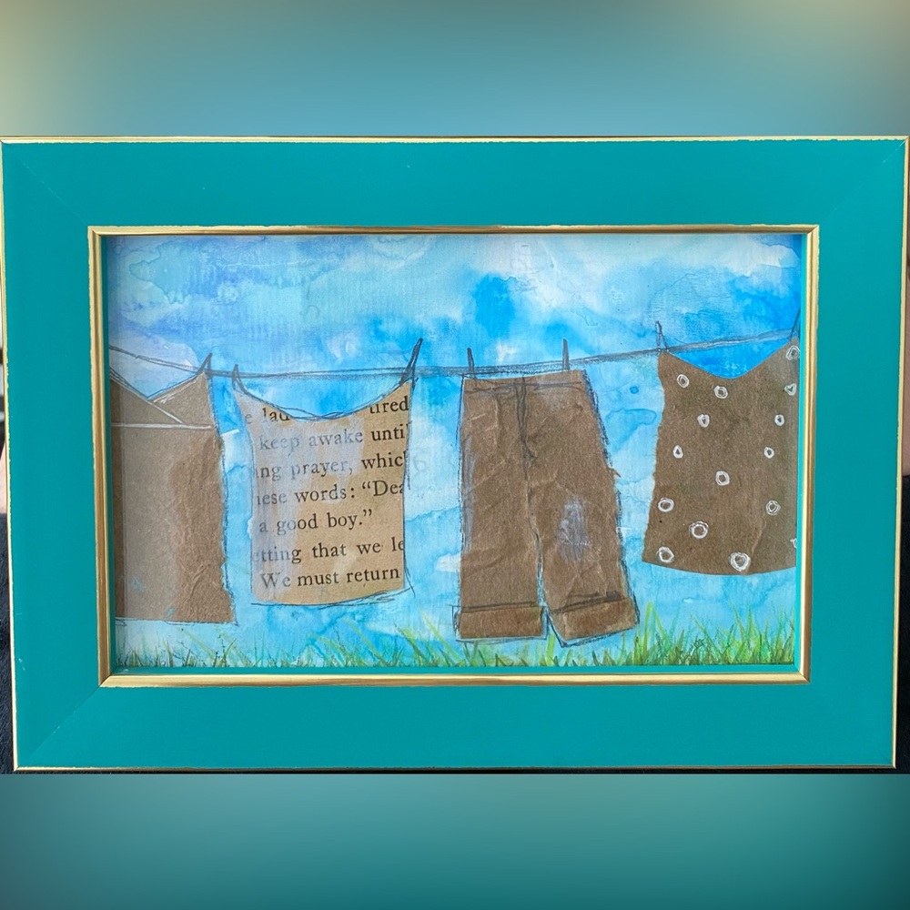 “A Cup of Sugar” Signed original watercolor painting w/collage, framed, 5.5x7.5”
